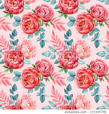 Watercolor pink peony floral seamless pattern with lush blossoms and blue leaves for elegant botanical surface design 133345790