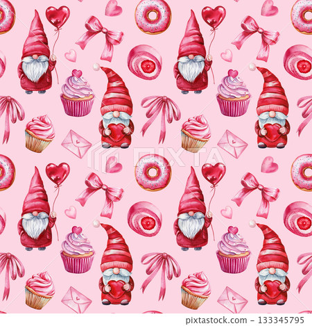 watercolor valentine gnomes pattern with cupcakes bows hearts and cute festive elements seamless pink holiday design 133345795