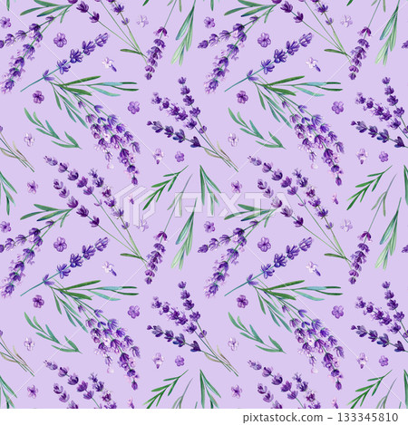 Seamless watercolor lavender pattern with violet flowers botanical herbs and green leaves on white background Seamless watercolor lavender pattern with violet flowers botanical herbs and green leaves on white background 133345810