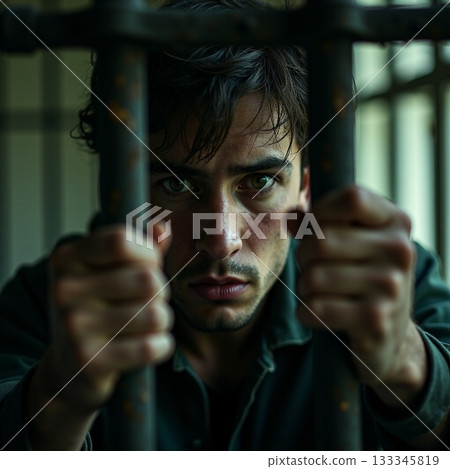 Prisoner holds bars with a look of determination Generative AI 133345819
