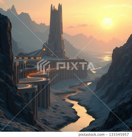 Majestic castle on a riverbank at sunset in a mountain valley Generative AI 133345957