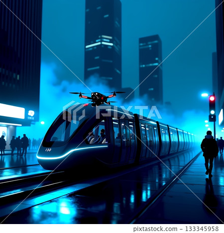 Modern train in illuminated urban setting at night Generative AI 133345958
