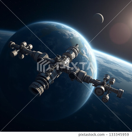 Space station orbits Earth with stunning celestial backdrop Generative AI 133345959