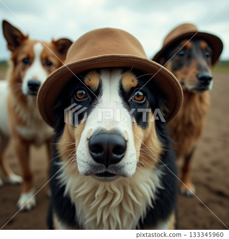 Three dogs wearing hats enjoy a playful moment outdoors Generative AI Three dogs wearing hats enjoy a playful moment outdoors Generative AI 133345960