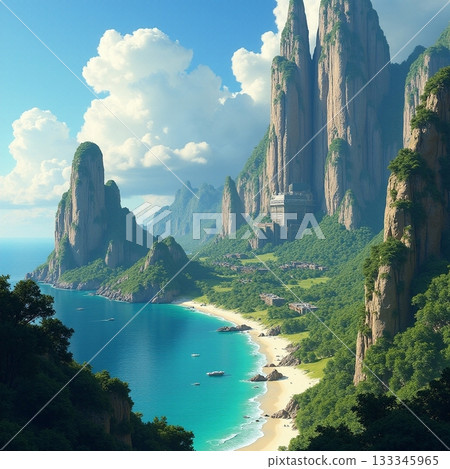 Majestic mountains and serene beach in a tropical paradise Generative AI Majestic mountains and serene beach in a tropical paradise Generative AI 133345965