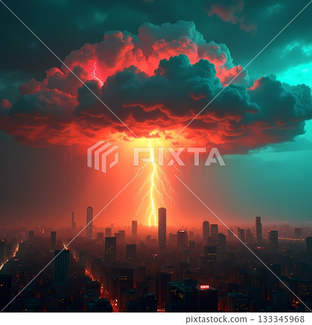 Dramatic storm clouds and lightning over a city skyline Generative AI 133345968