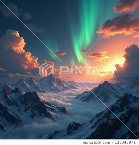 Stunning aurora lights dance above snow covered mountains Generative AI Stunning aurora lights dance above snow covered mountains Generative AI 133345971