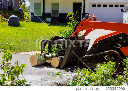 Skid steer equipment is used to remove large tree branches from suburban driveway after storm. 133346090