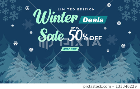 Elegant Winter Sale Banner with Blue Snowy Forest Background Elegant Winter Sale Banner with Blue Snowy Forest Background 133346229