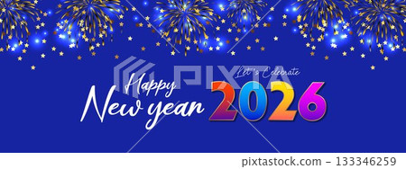 Happy New Year 2026 Blue Gold Fireworks Celebration Banner 133346259