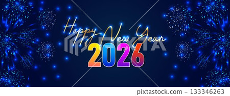 Blue Neon Fireworks Happy New Year 2026 Party Banner Blue Neon Fireworks Happy New Year 2026 Party Banner 133346263