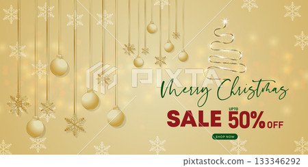 Elegant golden Christmas sale banner with hanging baubles and minimal festive tree outline design 133346292