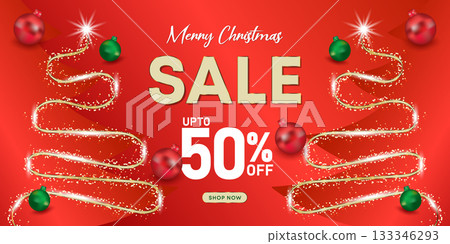 Vibrant red Christmas sale background with tree garland lights and glowing sparkles Vibrant red Christmas sale background with tree garland lights and glowing sparkles 133346293