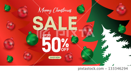 Christmas sale poster with paper-cut tree and realistic ornaments on red background 133346294