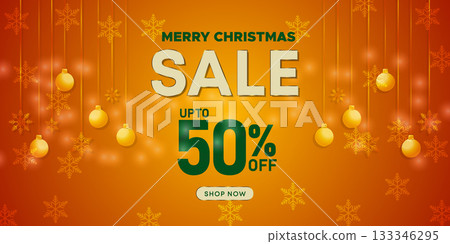 Warm golden Christmas banner with festive hanging ornaments and snowflake background Warm golden Christmas banner with festive hanging ornaments and snowflake background 133346295