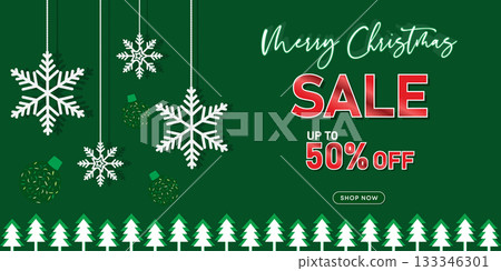 Classic green Christmas banner with large snowflakes and pine border design Classic green Christmas banner with large snowflakes and pine border design 133346301