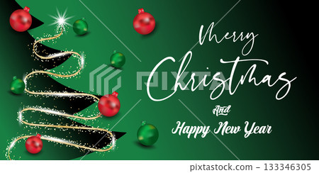 Dark elegant holiday banner with illuminated Christmas tree made of golden garland Dark elegant holiday banner with illuminated Christmas tree made of golden garland 133346305