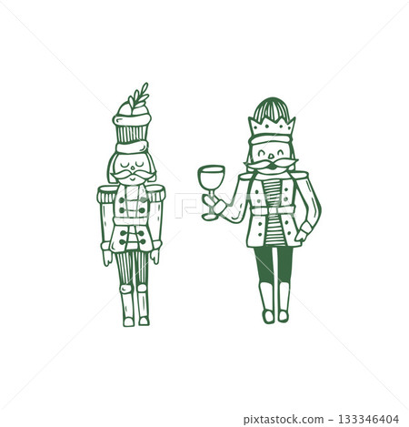 Whimsical Christmas nutcracker illustration, doodle green vector, soldier cute christmas toy Whimsical Christmas nutcracker illustration, doodle green vector, soldier cute christmas toy 133346404