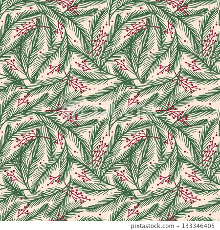 Christmas whimsical seamless pattern with green spruce branches and red berries, on beige background. Coquette pattern for wrapping paper, fabric and holiday decor 133346405