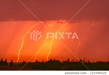 Lightning storm in the sky, lightning bolts in the storm clouds 133346426