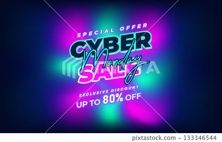 Cyber Monday Colorful Neon Style Super Sale Web Banner. Cyber Monday Sale Special Offer Social Media Post Design. Business, Promotion, and Advertising Vector Template. Seasonal Offers Mega Big Sale 133346544
