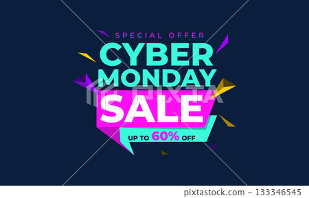 Cyber Monday Colorful Neon Style Super Sale Web Banner. Cyber Monday Sale Special Offer Social Media Post Design. Business, Promotion, and Advertising Vector Template. Seasonal Offers Mega Big Sale 133346545