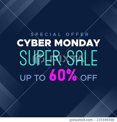 Cyber Monday Colorful Neon Style Super Sale Web Banner. Cyber Monday Sale Special Offer Social Media Post Design. Business, Promotion, and Advertising Vector Template. Seasonal Offers Mega Big Sale 133346566