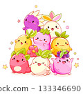 Stack of kawaii characters. Cute little monsters fooling around. Pile of Funny happy baby monsters. Can be used for t-shirt print, sticker, greeting card, menu design. Vector illustration EPS8 133346690