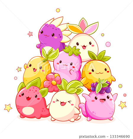 Stack of kawaii characters. Cute little monsters fooling around. Pile of Funny happy baby monsters. Can be used for t-shirt print, sticker, greeting card, menu design. Vector illustration EPS8 133346690