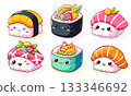 Set of cute sushi and rolls in kawaii style. Japanese traditional cuisine dishes. Can be used for t-shirt print, sticker, greeting card, menu design. Vector EPS8 133346692