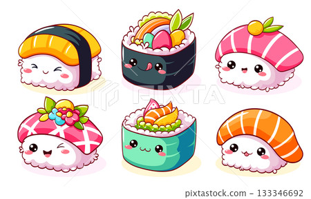 Set of cute sushi and rolls in kawaii style. Japanese traditional cuisine dishes. Can be used for t-shirt print, sticker, greeting card, menu design. Vector EPS8 133346692