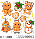 Merry Christmas collection with cute gingerbread. Can be used for winter holiday tag, label, t-shirt print, sticker, greeting card, badge. Vector xmas set. Christmas gingerbread cookies collection 133346693