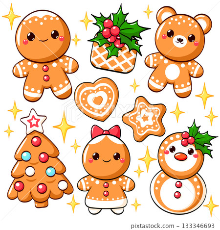 Merry Christmas collection with cute gingerbread. Can be used for winter holiday tag, label, t-shirt print, sticker, greeting card, badge. Vector xmas set. Christmas gingerbread cookies collection 133346693