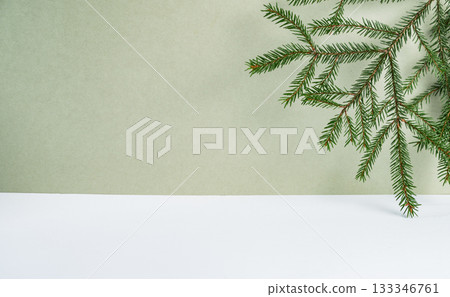 Fir branches on a green and white background. 133346761