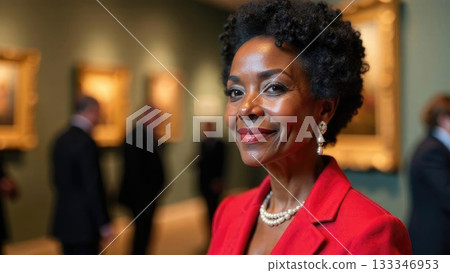 World Museum Day portrait of an elegant elderly African-American grandmother in evening dress, standing proudly in an art gallery exhibition hall with cultural artworks World Museum Day portrait of an elegant elderly African-American grandmother in evening dress, standing proudly in an art gallery exhibition hall with cultural artworks 133346953