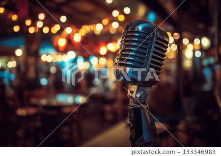 Vintage Microphone Set Against a Lively Backdrop of Warm Lights in a Music Venue 133346983