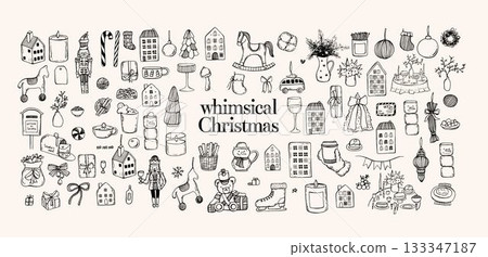Whimsical trendy doodle elements set of cozy Christmas . Hand drawn coquette vector illustration set 133347187