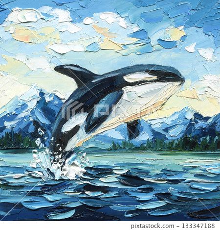 Orca jumping over blue ocean water with mountain landscape in vibrant impasto acrylic painting for nature wall art Orca jumping over blue ocean water with mountain landscape in vibrant impasto acrylic painting for nature wall art 133347188