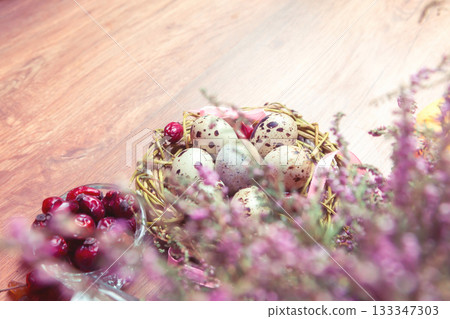 spring composition, nest with eggs near the bunch of heather, Easter. spring composition, nest with eggs near the bunch of heather, Easter. 133347303