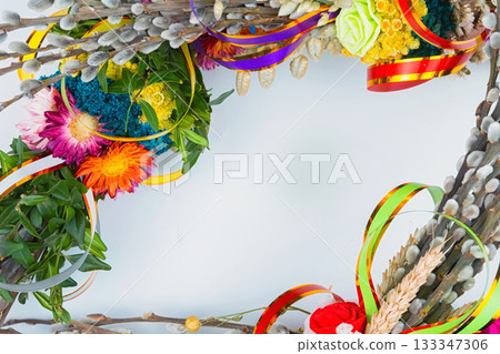 willow Sunday background of willow branches, willow bouquets. Easter top view. place for text willow Sunday background of willow branches, willow bouquets. Easter top view. place for text 133347306