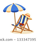 Relaxing beach chair with striped umbrella, straw hat and sunglasses in summer vector illustration 133347395