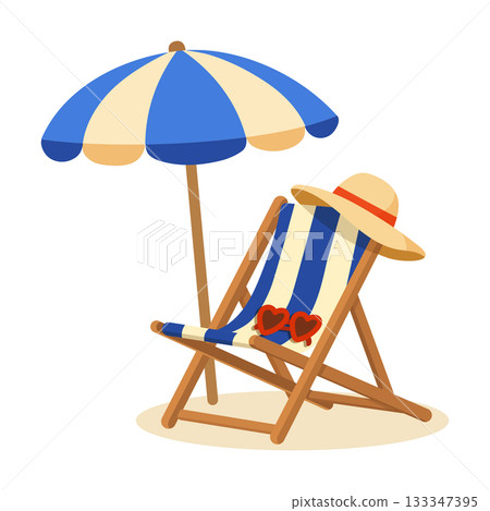 Relaxing beach chair with striped umbrella, straw hat and sunglasses in summer vector illustration Relaxing beach chair with striped umbrella, straw hat and sunglasses in summer vector illustration 133347395