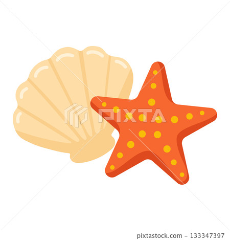 Flat style sea shell and starfish clipart perfect for summer beach, ocean, or travel graphics 133347397