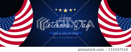 Happy Veterans Day Honoring All Who Served Banner Template. 11 November USA Veteran Day National Holiday Web Banner Background With American Flag For Brochure, Cover, Poster, Header, Greeting Card 133347434