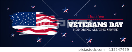 Happy Veterans Day Honoring All Who Served Banner Template. 11 November USA Veteran Day National Holiday Web Banner Background With American Flag For Brochure, Cover, Poster, Header, Greeting Card 133347459