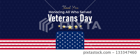 Happy Veterans Day Honoring All Who Served Banner Template. 11 November USA Veteran Day National Holiday Web Banner Background With American Flag For Brochure, Cover, Poster, Header, Greeting Card 133347460