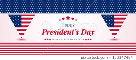 Happy Presidents Day Web Banner With USA Flag. Presidents Day Cover, Website, Header Background. Washington's Birthday Celebrated in United States Suitable for Poster, Greeting Card, Brochure, post 133347494