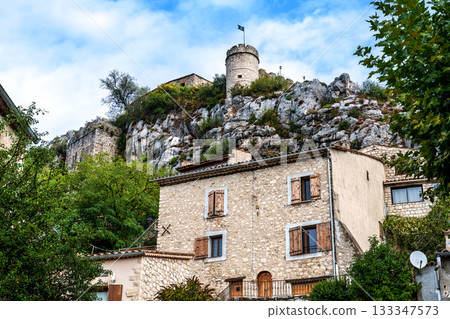 The narrow streets of the old village Trigance in Provence, France 133347573