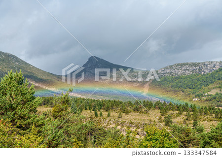 Rainbow over Verdon Gorge, Gorges du Verdon in French Alps, Provence, France. Amazing landscape of the famous canyon 133347584