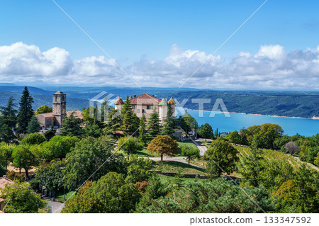 Aiguines castle, Chateau d Aiguines with St Croix lake in background, near Verdon gorge, Provence, France 133347592